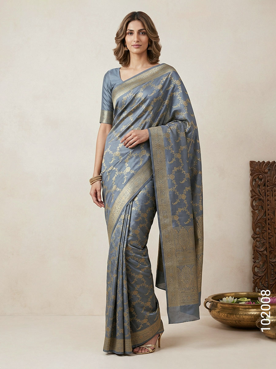 Grey Faux Soft Silk Zari Saree Wholesale