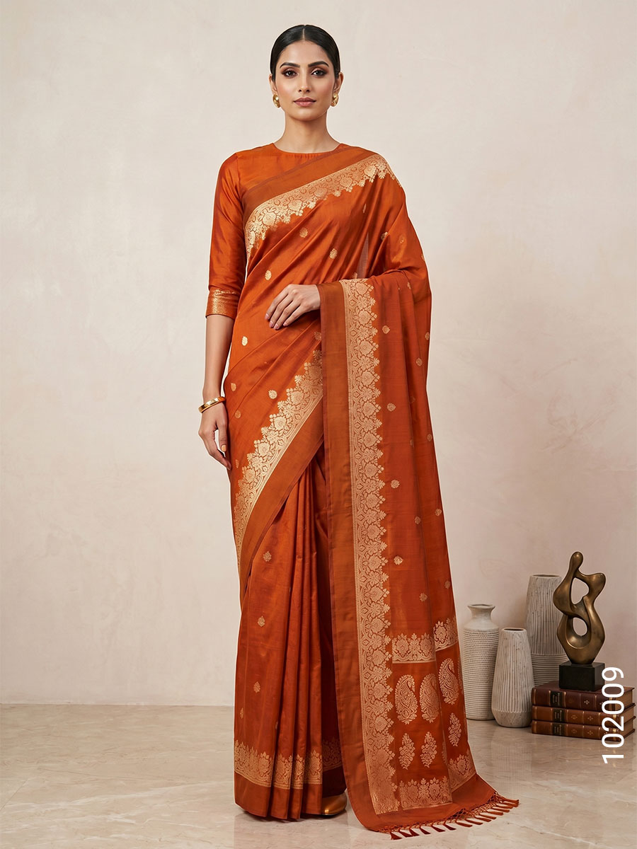 Orange Faux Soft Silk Zari Saree Wholesale