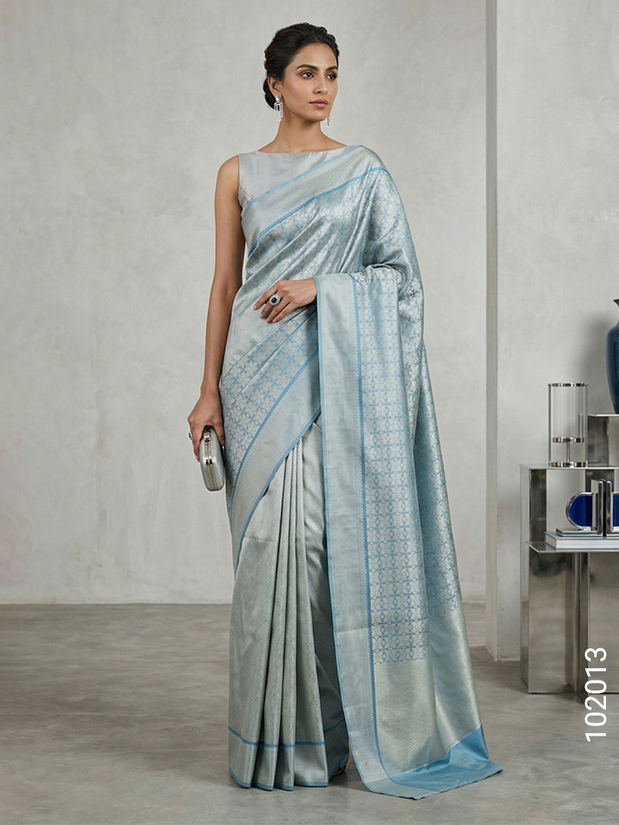 Silver Blue Faux Art Silk Zari Saree Wholesale