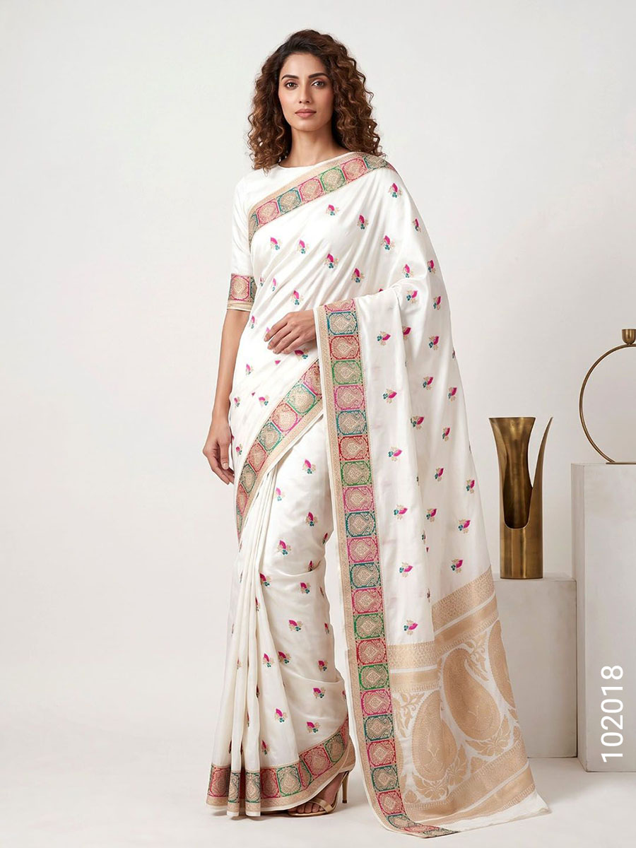Off White Blend Mashru Silk Resham and Zari Saree Wholesale