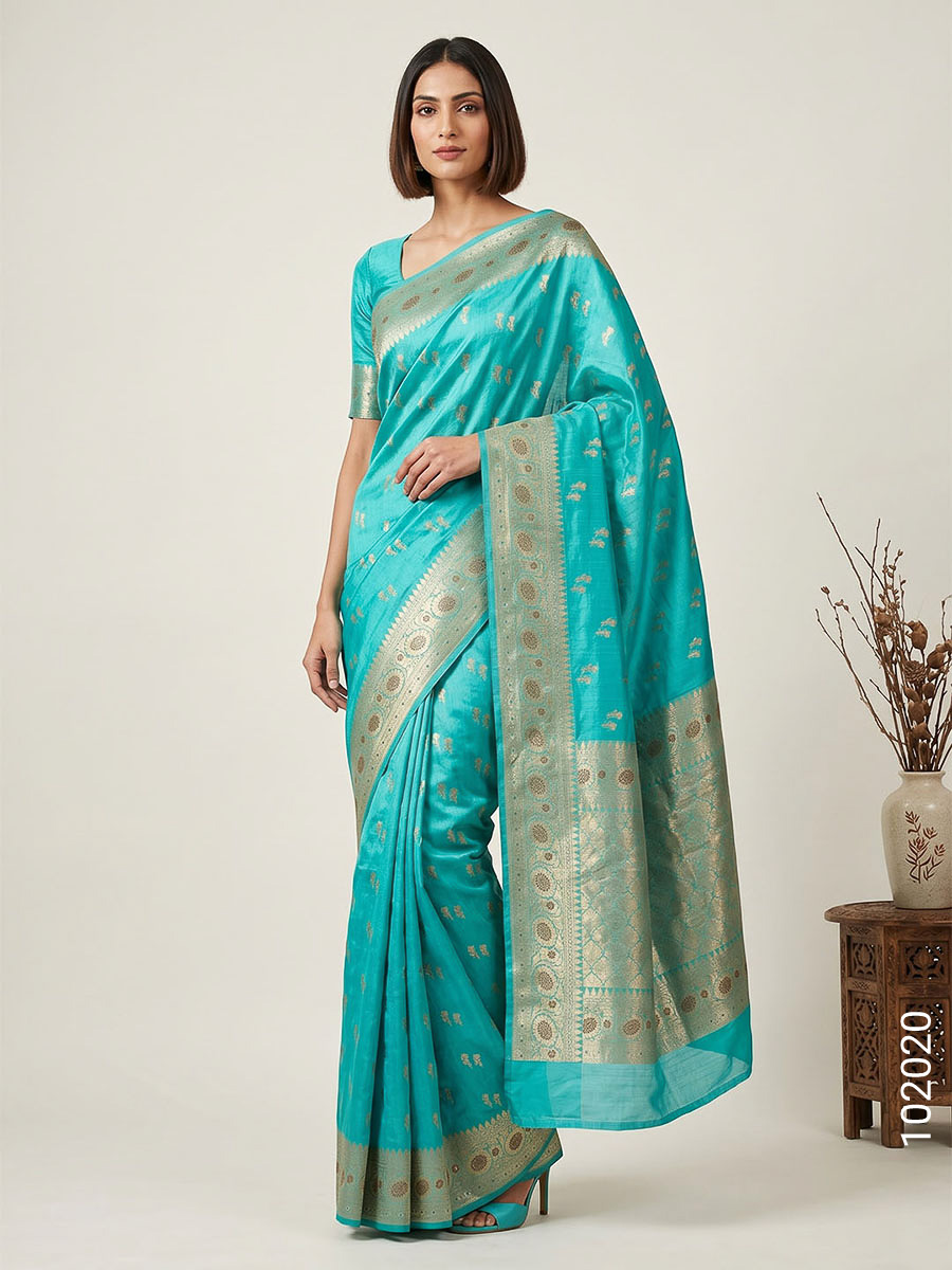 Turquoise Faux Viscose Resham and Zari Saree Wholesale