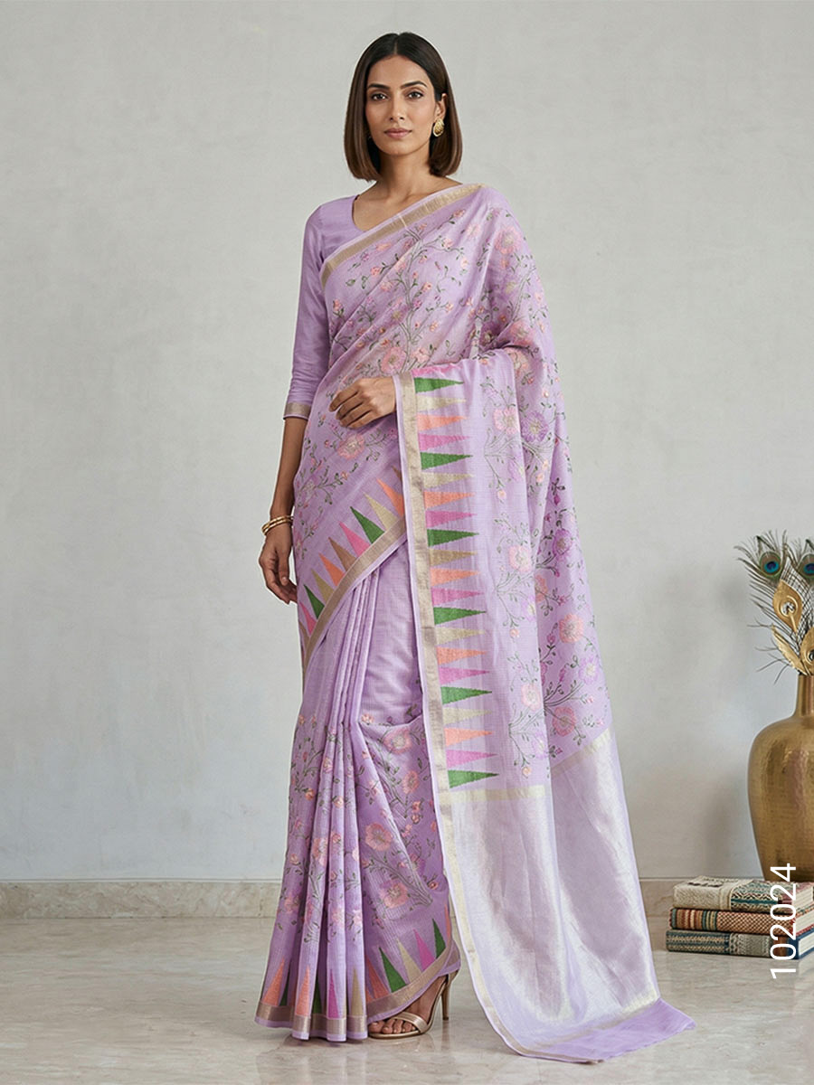 Lavender Faux Cotton Embroidery Saree Wholesale