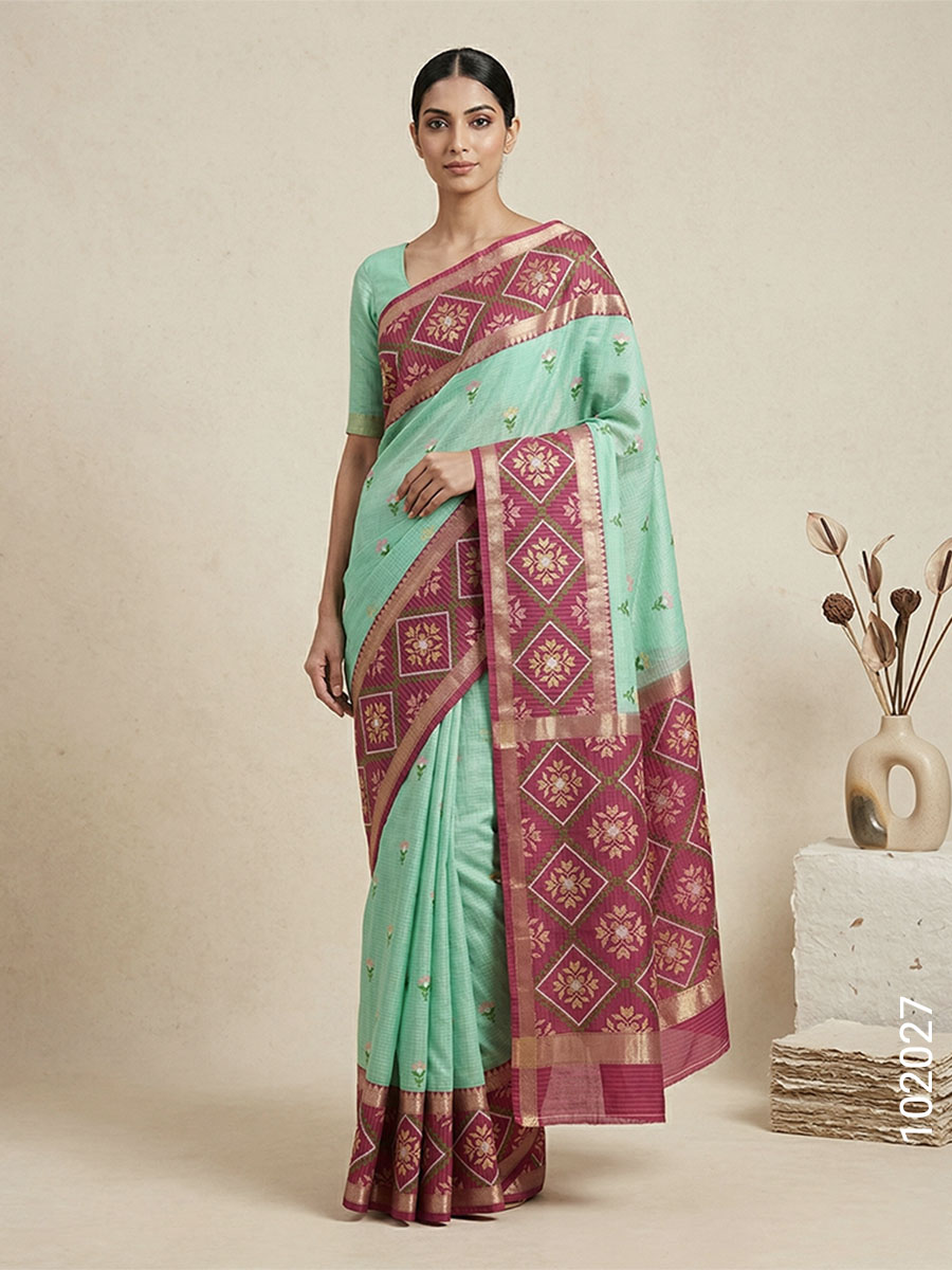 Turquoise Faux Cotton Embroidery Saree Wholesale
