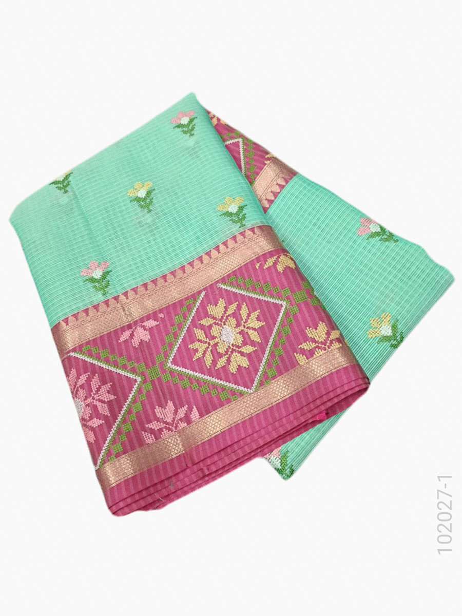 Cotton Kota Checks Embroidery Work Banarasi Saree Wholesale fabric close-up