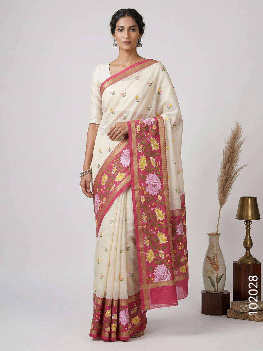 Beige Faux Cotton Embroidery Saree Wholesale