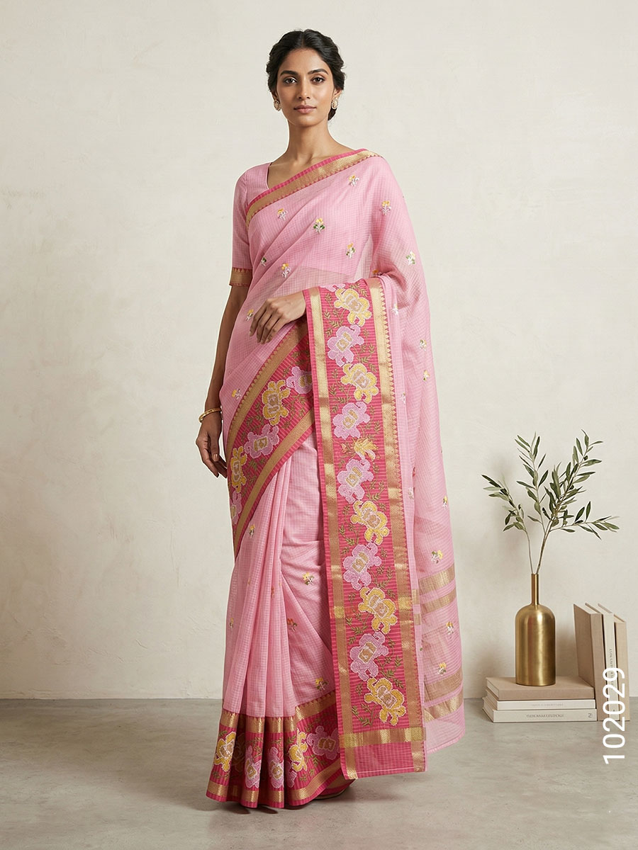 Pink Faux Cotton Embroidery Saree Wholesale