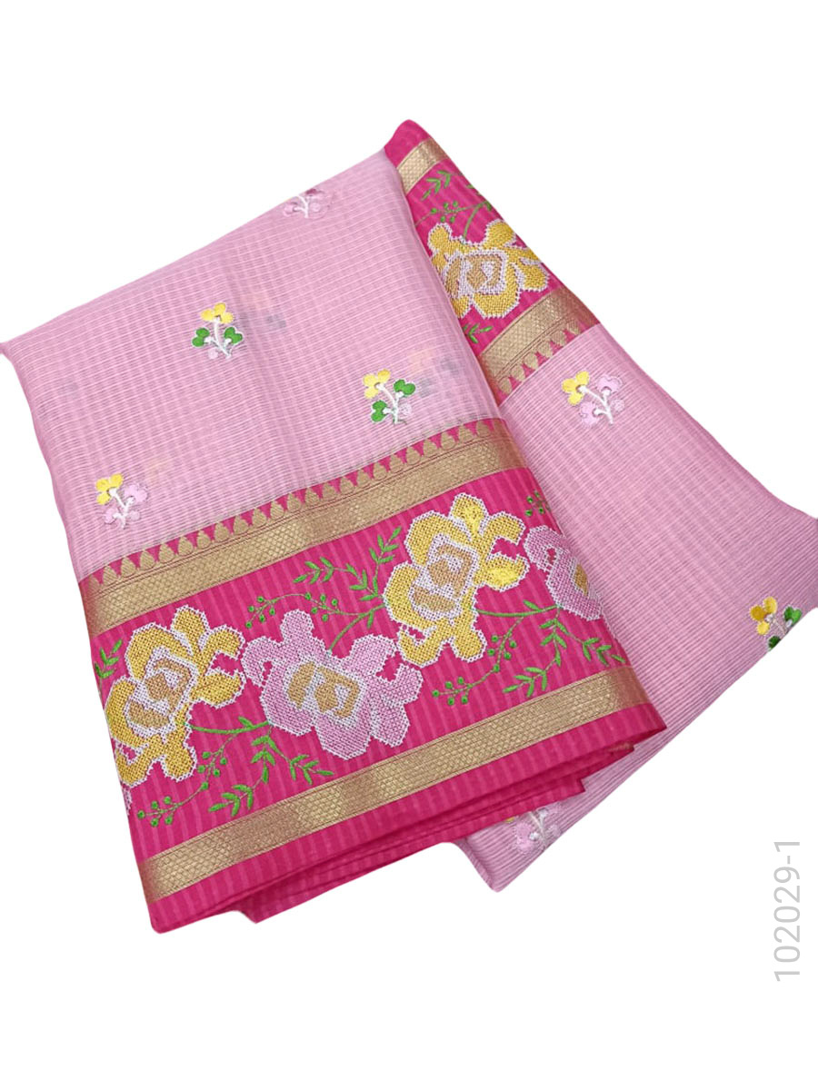 Cotton Kota Checks Embroidery Work Banarasi Saree Wholesale fabric close-up